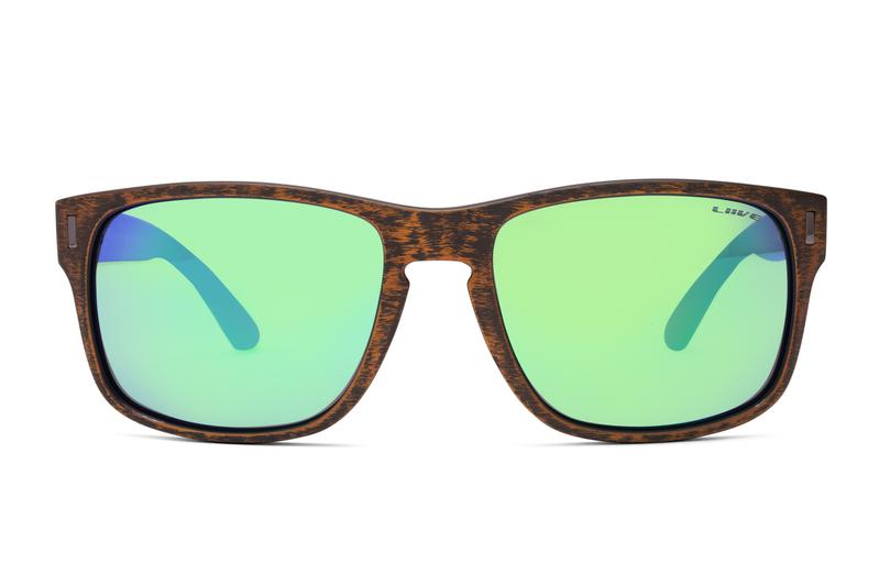 Liive The Lewy Mirror Polar Sunglasses feature a dark wood-textured frame and reflective green polarized lenses with excellent UV protection, displayed on a white background.