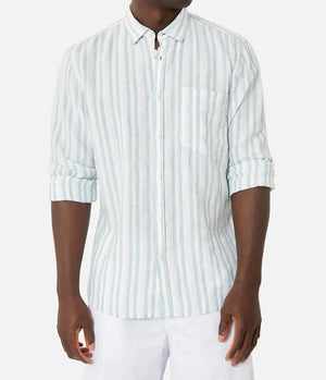 A person wearing the "Industrie The Linenman Shirt," featuring light blue and white vertical stripes, a button-down collar, and long sleeves, pairs it with white pants against a plain white background.