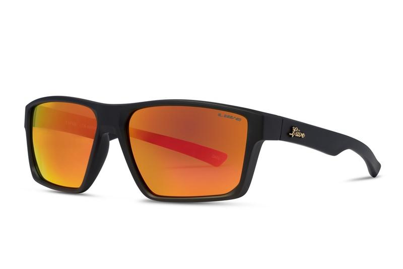 A pair of sleek, black-framed Liive LOB Mirror Sunglasses featuring large rectangular lenses with a vibrant orange-red reflective tint. The polarized lenses provide superior UV protection, while the brand logo on the temple arms in gold adds a stylish and modern touch.