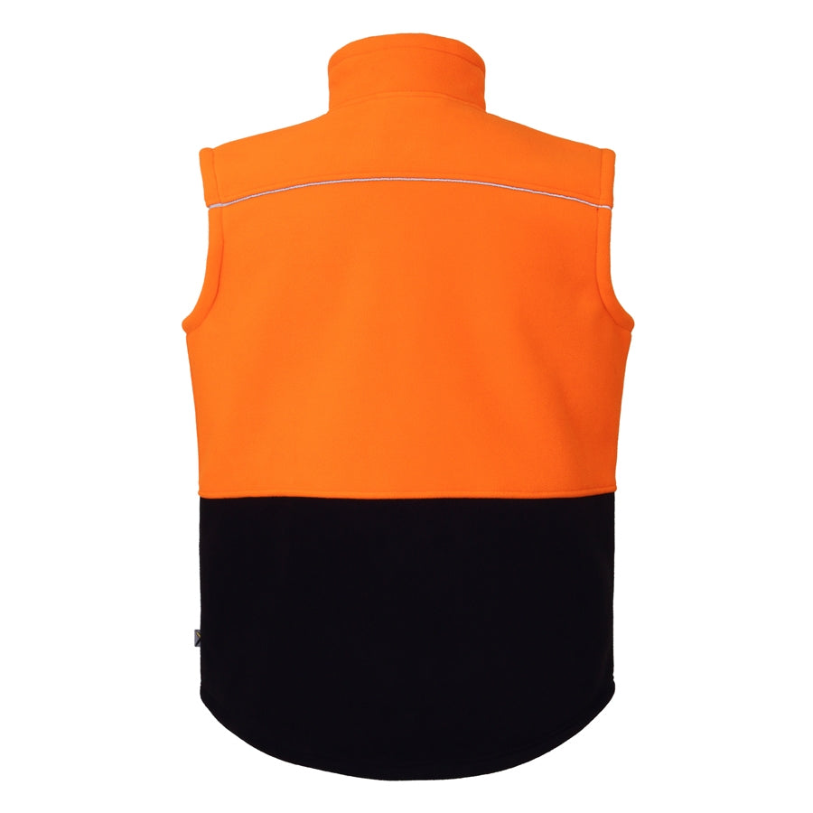 The Rainbird Maguire Vest displays a rear view with a sleeveless design featuring a bright orange top and black bottom, high collar, and reflective piping along the back shoulder.