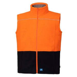 The Rainbird Maguire Vest is an orange and black fleece vest made of durable polyester. It features a high collar, front zipper, horizontal reflective strip on the upper section, subtle reflective piping on the black bottom, and is accented with a small blue logo tag at the bottom center.