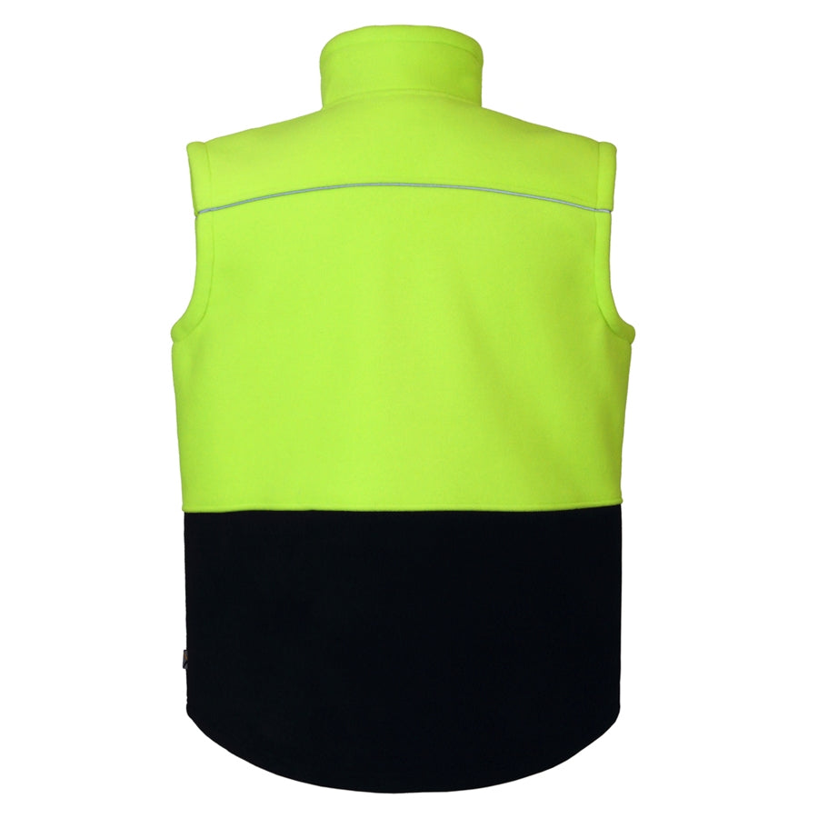 The Rainbird Maguire Vest combines functionality with style, featuring a high-collared, sleeveless design. It showcases a bright yellow upper section with reflective piping and a contrasting black lower section, presented from the back in a two-tone scheme.