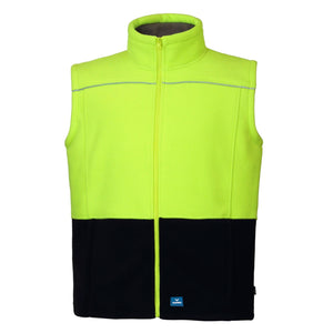 The Rainbird Maguire Vest is a cozy sherpa-lined vest with a bright yellow upper, black lower, high collar, front zip, reflective piping, and a small blue tag at the hem.