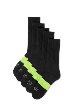 A set of five durable FXD SK-6 Crew Socks featuring a bright green horizontal stripe near the toes and a padded foot bed, arranged against a plain black background.