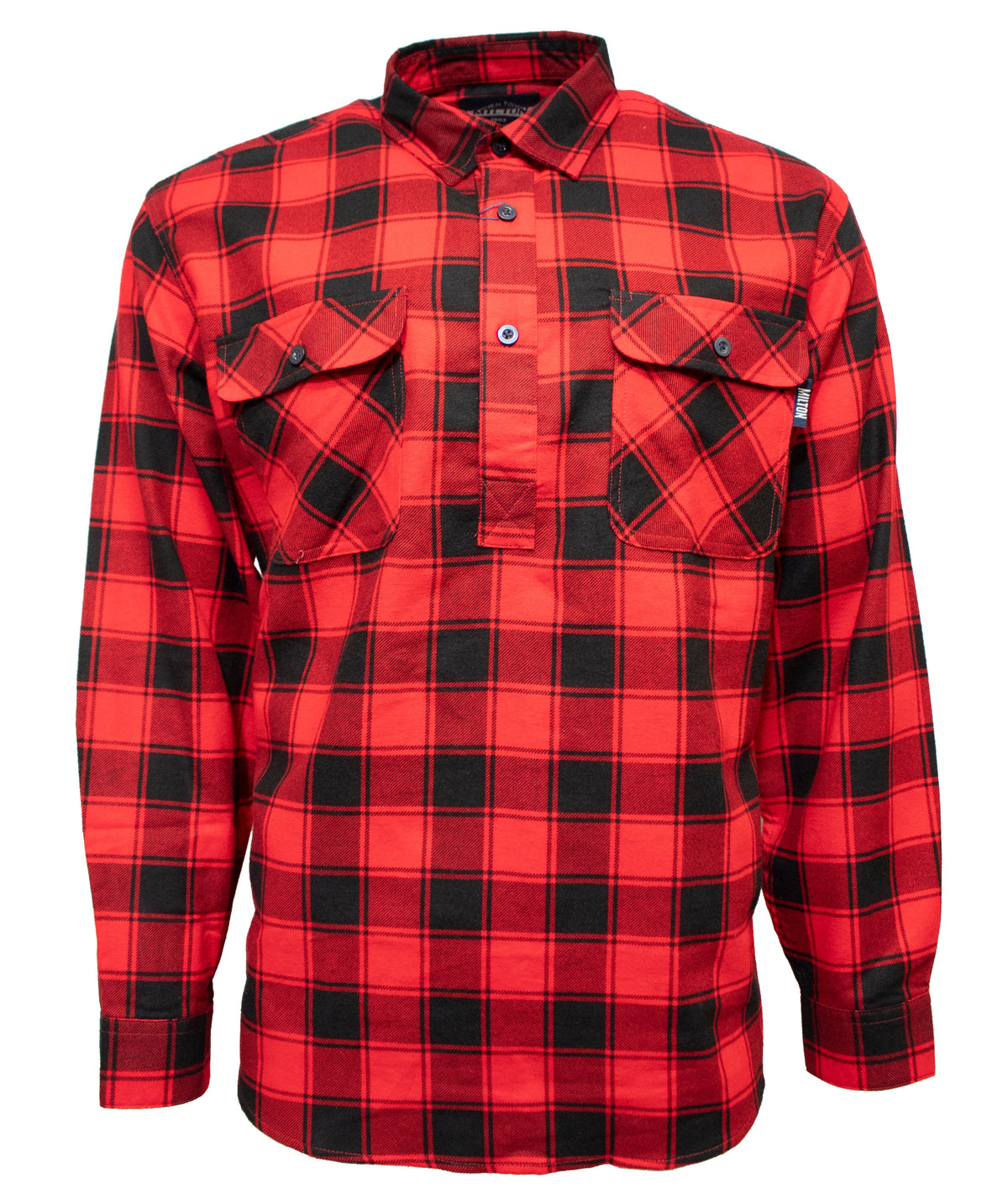 The Milton Closed Front Flannelette Shirt, made from high quality cotton in a red and black plaid pattern, features a half button placket and double chest pockets, shown on a white background.
