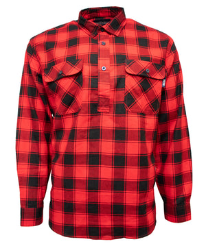 The Milton Closed Front Flannelette Shirt, made from high quality cotton in a red and black plaid pattern, features a half button placket and double chest pockets, shown on a white background.