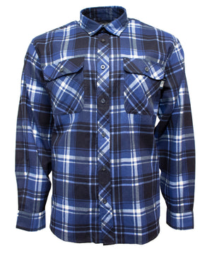 The Milton Open Front Flannelette Shirt is made from high quality cotton, features a blue, black, and white plaid pattern, long sleeves, and two chest pockets with button flaps.