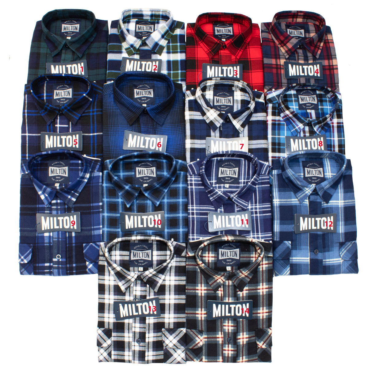Thirteen Milton Closed Front Flannelette Shirts are neatly arranged in rows, each made from quality cotton with double pockets, a visible “MILTON” tag, and classic check patterns in blue, red, black, and white.