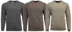 Three MKM Adventure Possum Wool Crew Neck Jumpers made in New Zealand are displayed side by side against a white background. Identical in design, they differ only in color: dark gray, brown, and beige. Crafted from a sustainable eco blend of recycled Possum/Wool, each jumper features long sleeves and a round neckline.