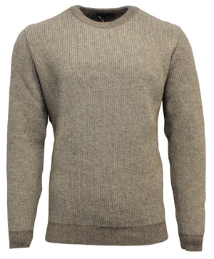 The MKM Adventure Possum Wool Crew Neck Jumper is a beige, long-sleeved, rib-knit sweater with a crew neck. This simple, classic design boasts a straight cut and no visible patterns or decorations. Crafted from a sustainable eco blend of recycled Possum/Wool, this sweater is proudly made in New Zealand.