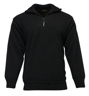 The MKM Windbreaker Knit is a long-sleeved black jumper, 100% wool, featuring a high collar and half-zip front. Crafted in New Zealand, it has a small metallic slider on the zipper and comes with ribbed cuffs and hem for a snug fit.