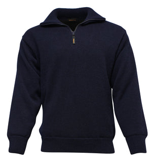 The MKM Windbreaker Knit is a navy blue jumper made in New Zealand from 100% wool, featuring a quarter-zip front and ribbed collar, cuffs, and hem for warmth and style.