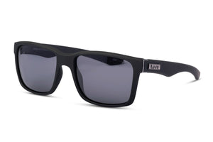 A pair of black, rectangular Liive Moto Polar Sunglasses with a matte finish and dark tinted, polarised grey lenses. The arms feature a small metallic accent with the word "live" engraved on it, offering both UV protection and style.