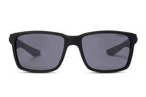 A pair of black square-framed Liive Moto Polar Sunglasses with polarized grey lenses is displayed against a white background. The wide temples offer UV protection, and the overall design is modern and sleek.