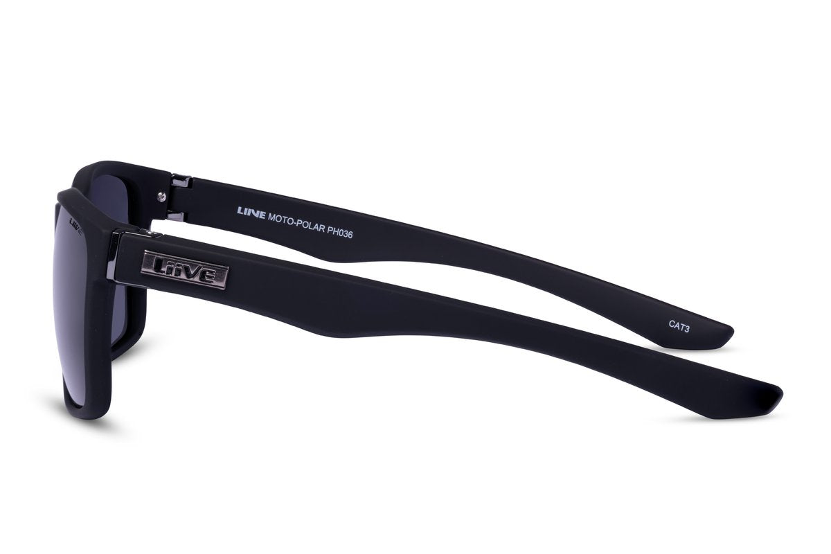 A pair of black Liive Moto Polar Sunglasses with thick arms, exhibiting a metallic "Liive" logo on the side. The inner side of the arm is labeled "LINE NITRO-POLAR P8818" and "CAT3". These sunglasses feature dark, polarised grey lenses with UV protection and a sleek, modern design.