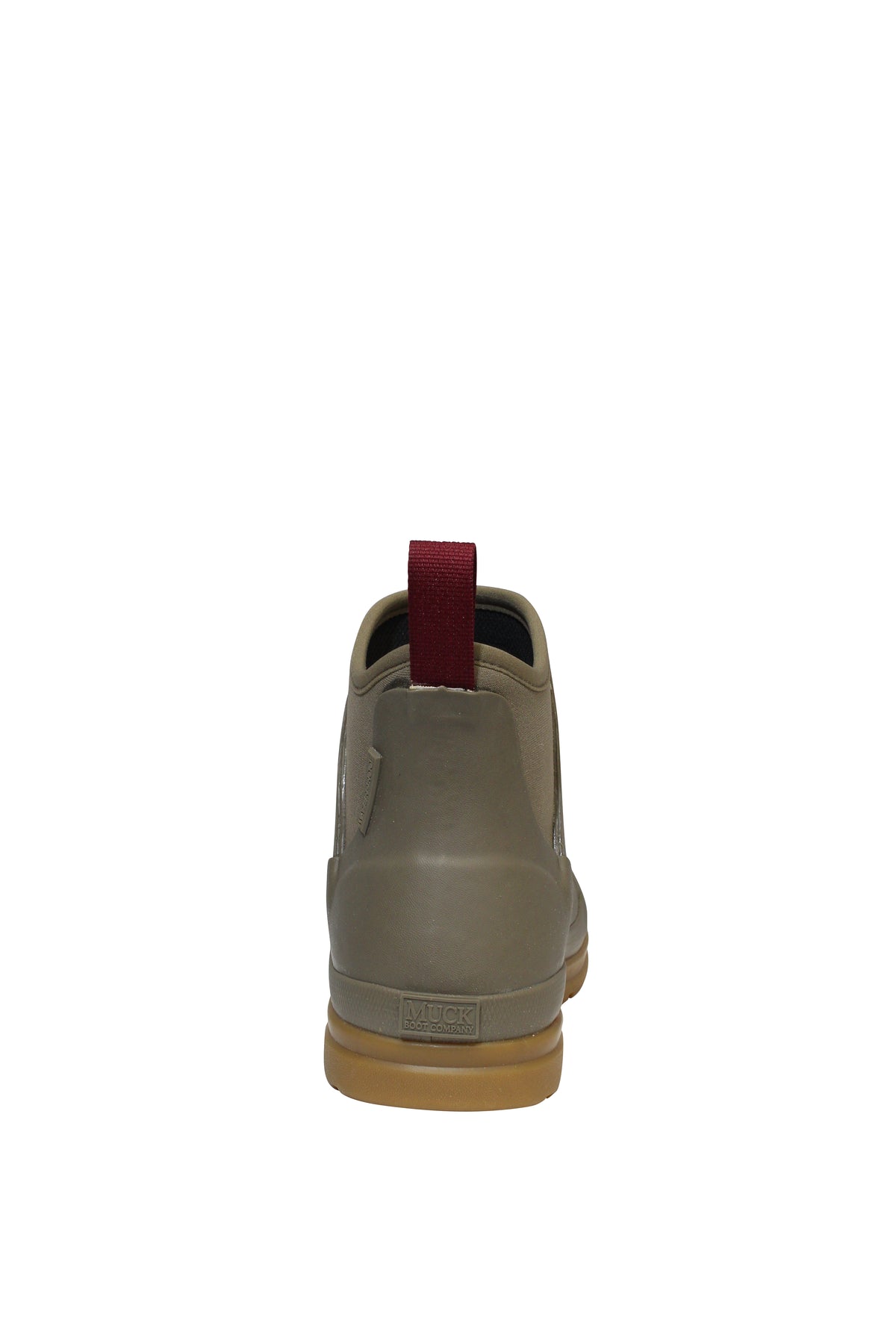 A rear view of a beige Muck Boot Originals women's ankle boot with a brown sole and red pull tab. The heel is slightly embossed with "Clarks," featuring an antimicrobial footbed, centered against a white background.
