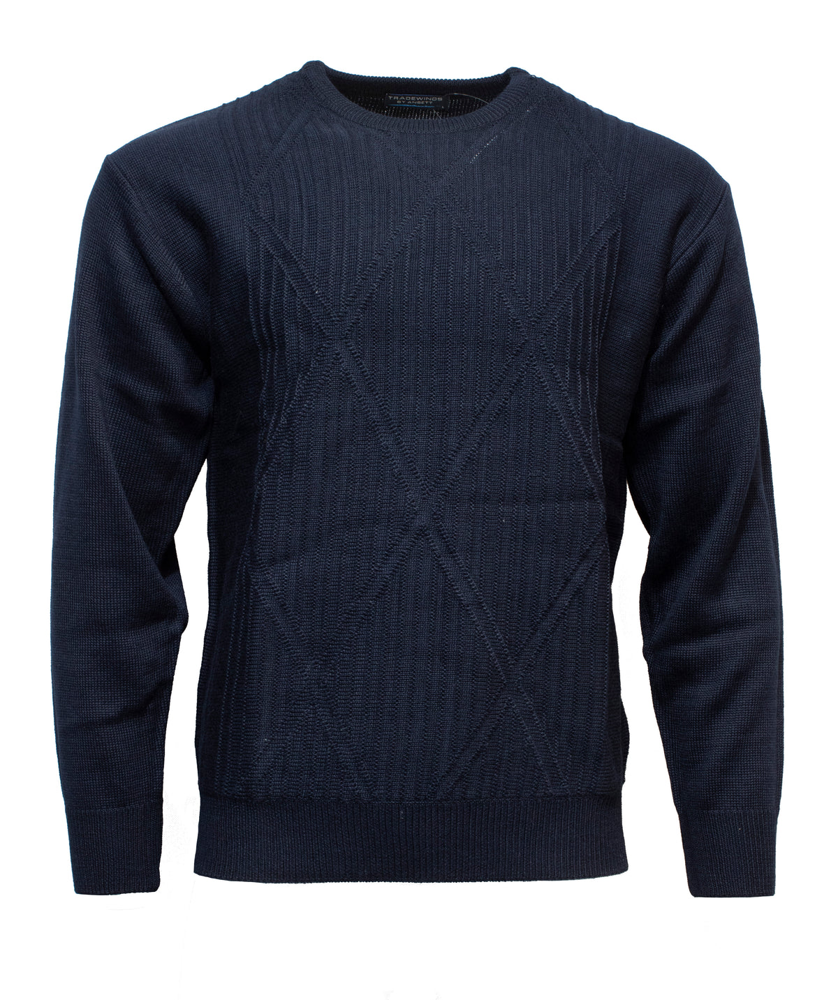 The Ansett Tradewinds Wool Blend Crew Knit is a long-sleeved, dark navy sweater with a subtle geometric diamond front pattern, finished with ribbed cuffs and hem.