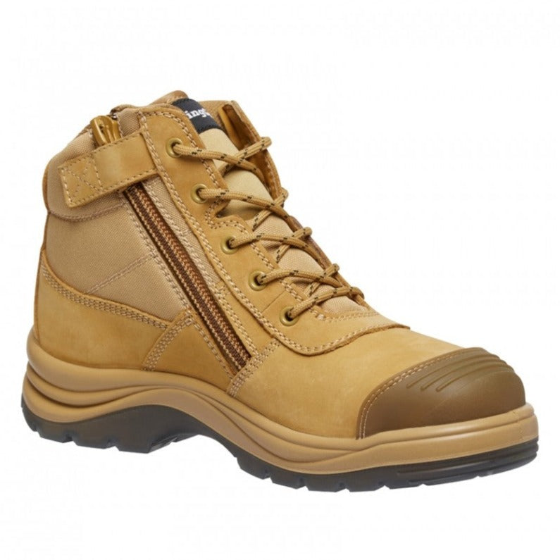 The King Gee Tradie Zip Safety Boot K27100 is a tan work boot with side zipper, laces, and velcro strap. It features a reinforced steel toe cap and thick, slip-resistant black sole, making it ideal for outdoor or heavy-duty use.