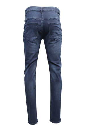 Rear view of Nobleman Slim Straight Jean on a white background. These stylish dark blue, mid-rise jeans showcase a slim fit, with two visible back pockets and slightly faded texture on the seat and thighs.