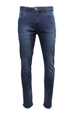 Front view of the Nobleman Slim Straight Jean in dark blue denim, featuring a button closure, five pockets, mid-rise, slim straight leg design, and slight thigh fading.