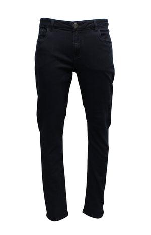 The Nobleman Slim Straight Jean, in black denim, is showcased upright with a button and zipper closure, front and back pockets, made from high-quality fabric.