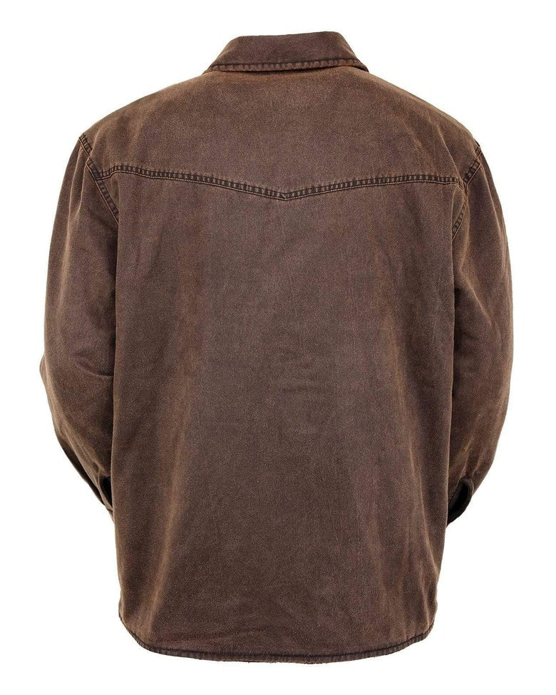 Back view of the brown Outback Loxton Jacket with a collared neckline, visible seam stitching, and shoulder yoke design. The fabric has a slightly worn, vintage look with water-resistant properties for rugged adventures.
