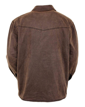 Back view of the brown Outback Loxton Jacket with a collared neckline, visible seam stitching, and shoulder yoke design. The fabric has a slightly worn, vintage look with water-resistant properties for rugged adventures.