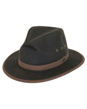 The Outback Madison River Oilskin Hat is a dark brown fedora-style hat with a wide brim, featuring a lighter brown band and three ventilation eyelets per side. Offering UPF protection, it has a classic shape ideal for outdoor or casual wear.