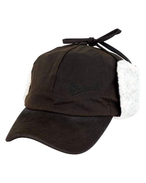 A dark brown Outback McKinley Cap with a curved brim and white fur-lined ear flaps. The ear flaps can be tied up at the top of the cap. The oilskin outer adds durability while the Outback logo is embroidered on the front.