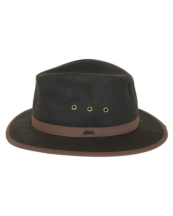 The Outback Madison River Oilskin Hat, a dark green style with a brown band and brim, provides UPF protection. It features moisture-wicking fabric, three ventilation holes on the side, and has a slightly creased crown for added style.