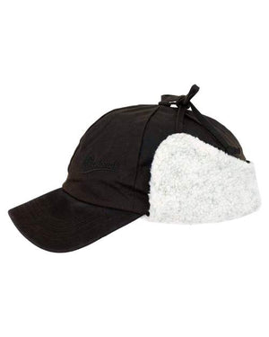 A black Outback McKinley Cap crafted with a front brim and fitted with white fuzzy earflaps. The earflaps are folded upwards and secured with a string at the top of the hat. This cap, featuring quilted lining, exudes a casual and warm style perfect for cold weather.