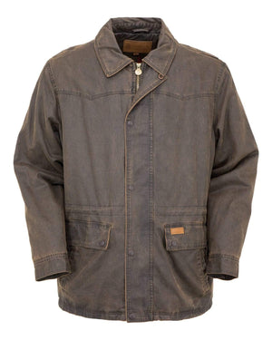 The Outback Ranchers Jacket is a rugged, brown, long-sleeve jacket with a high collar and buttoned front. Featuring two large front pockets with flap closures and a zip-up front concealed by a buttoned flap, its polar fleece lining adds warmth. This enhances its rustic, outdoorsy look while ensuring it remains a comfortable jacket.