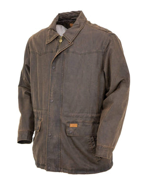 Introducing the Outback Ranchers Jacket: a durable, brown, heavy-duty long-sleeve jacket equipped with both a front zipper and button closures. This rugged jacket boasts multiple front pockets and reinforced stitching along the seams. The material is robust and includes a polar fleece lining, ensuring comfort for outdoor activities.
