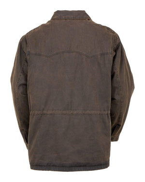 The Outback Ranchers Jacket, showcased from the back, boasts a rich brown denim fabric with a straight-cut yoke, long sleeves, and visible stitching along the seams and yoke—truly a durable jacket perfect for any adventure.