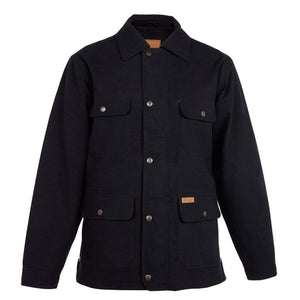 The Outback Thomas Canvas Jacket is displayed against a white background. Crafted from heavy-duty cotton canvas, this black jacket features a button-up front, two buttoned chest pockets, and two lower flap pockets. It has a relaxed fit and a collared neckline. The fabric of this hard-wearing jacket appears thick and durable.