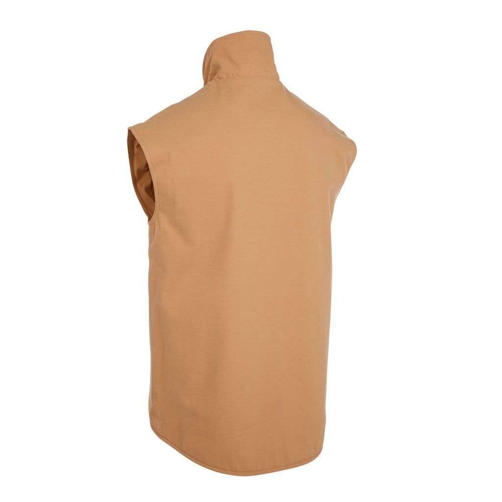 A back view of the Outback Thomas Canvas Vest, showcasing its sleeveless design made from heavy-duty cotton canvas. This comfortable vest features a high collar and is neatly tailored, with a slightly curved hemline at the bottom.
