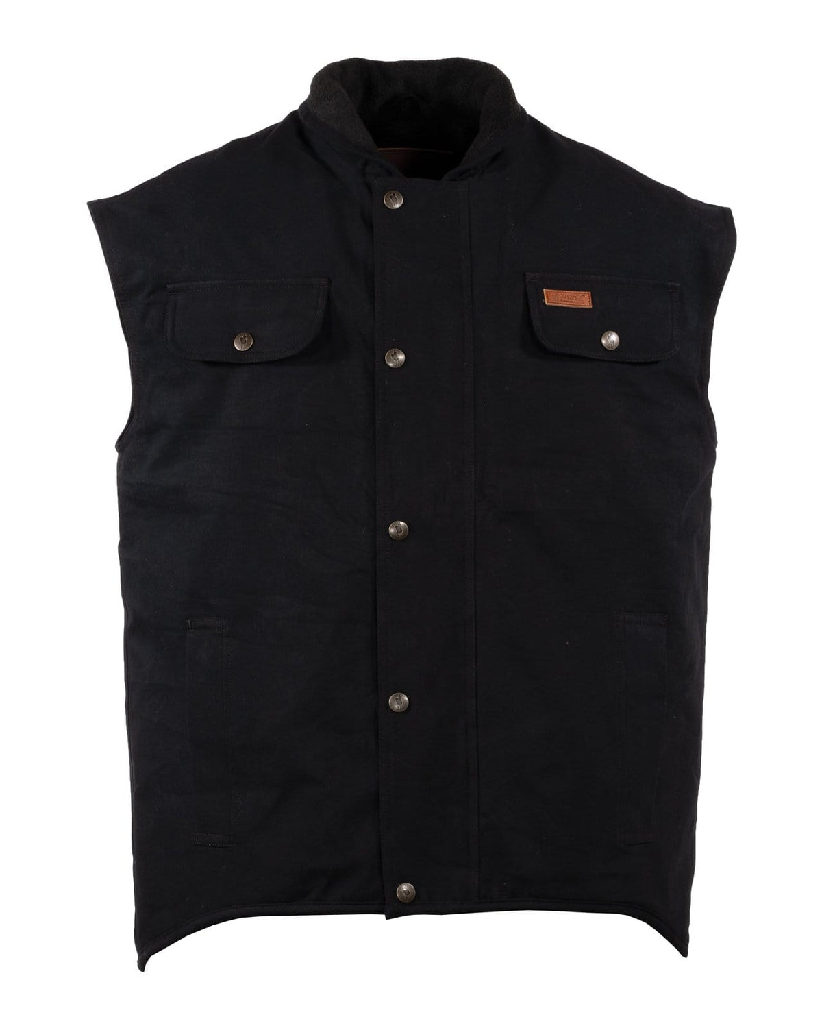 The Outback Thomas Canvas Vest is a sleeveless black vest featuring snap button closures down the front and is crafted from heavy-duty cotton canvas. It comes with two chest pockets that have buttoned flaps, along with a small leather patch on the left chest pocket. The collar, lined with a different material, adds an extra touch of comfort to this versatile vest.