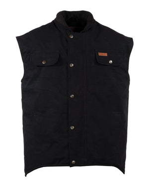 The Outback Thomas Canvas Vest is a sleeveless black vest featuring snap button closures down the front and is crafted from heavy-duty cotton canvas. It comes with two chest pockets that have buttoned flaps, along with a small leather patch on the left chest pocket. The collar, lined with a different material, adds an extra touch of comfort to this versatile vest.