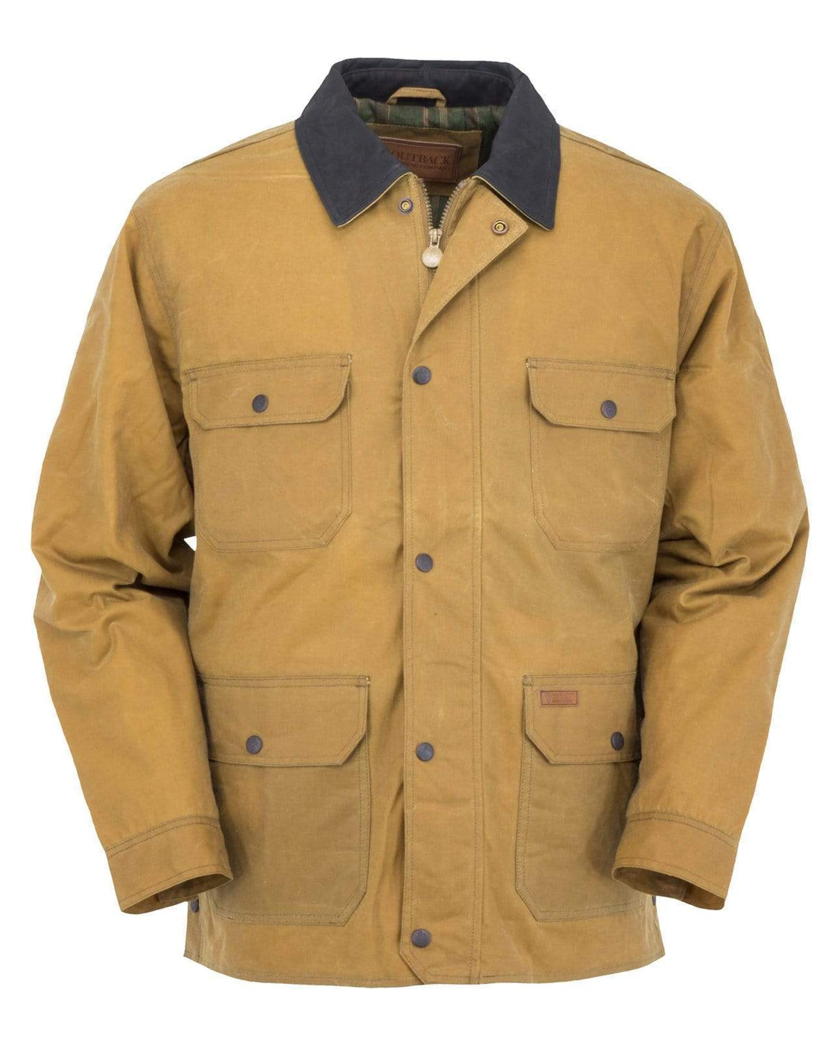 The Outback Gidley Jacket, a tan canvas jacket with a dark brown collar, features a button-down front and multiple dual-entry front pockets, including two on the chest and two lower. This comfortable jacket exudes a rugged, workwear appearance.