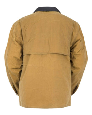 Back view of the Outback Gidley Jacket in brown with a black collar. This waterproof jacket features a ventilation flap across the upper back and is crafted from durable, heavy fabric. Dual entry pockets enhance its practicality, making it well-suited for outdoor activities or work environments.