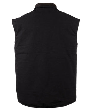 The Outback Thomas Canvas Vest is displayed from the back, showcasing its black, sleeveless design. Crafted from heavy-duty cotton canvas, it features a high collar and exudes durability. The vest's simple and utilitarian aesthetic is free from visible patterns or embellishments. Additionally, this water-resistant vest is wrinkle-free and perfectly presented.