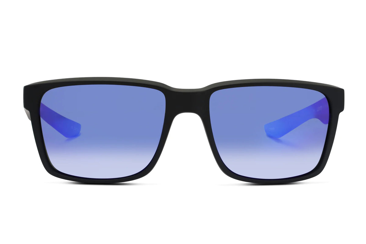 The Liive X Outlaw X Mirror Polar Sunglasses feature a black rectangular frame and blue gradient lenses. They offer UV protection and have impact-resistant lenses, elegantly presented against a white background.