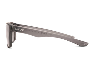 Side view of Liive X Outlaw X Polar Sunglasses with gray rectangular frames, "LIVE" and "LIMITILITY" on the temples, featuring a sleek design with slightly curved arms and lightweight construction.