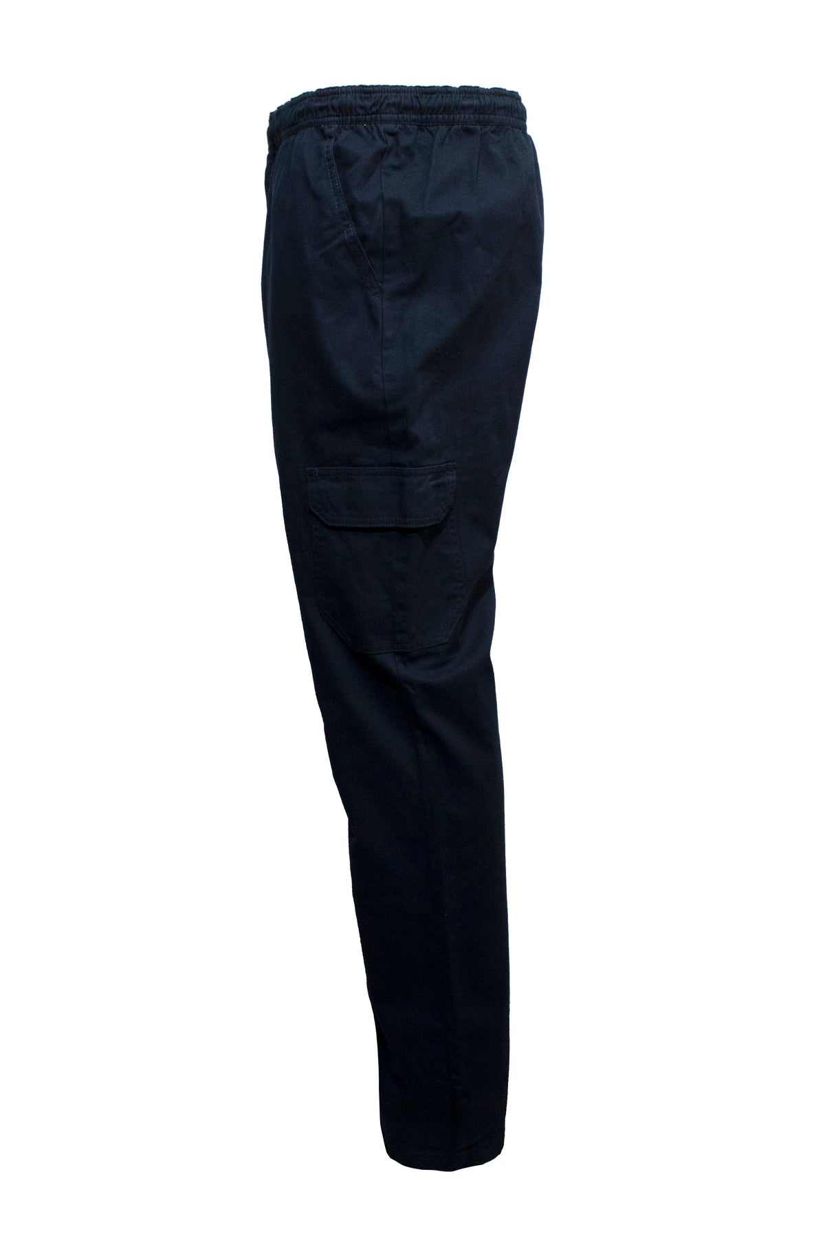 The Pilgrim Cargo Twill Beach Pant, a pair of black pants featuring an elastic waistband and side cargo pockets, is displayed on a white background. The pants are shown from the side profile, highlighting their relaxed fit and casual style reminiscent of comfortable shorts.