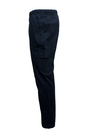 The Pilgrim Cargo Twill Beach Pant, a pair of black pants featuring an elastic waistband and side cargo pockets, is displayed on a white background. The pants are shown from the side profile, highlighting their relaxed fit and casual style reminiscent of comfortable shorts.