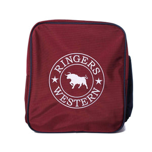 Presenting the Ringers Western Coolabah Sports Bag, a striking red accessory adorned with the iconic "Ringers Western" logo in white. The logo features a bull at the center, encircled by text and stars. This sports bag offers multiple large zippered compartments to keep all your essentials neatly organized.