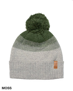 The Anticorp Panel Beanie is perfect for cold weather, showcasing a knitted design adorned with a pom-pom on top. The beanie transitions from light gray at the bottom to moss green at the top and features a ribbed brim. A small leather tag with "MOSS" written on it is located in the bottom left corner.