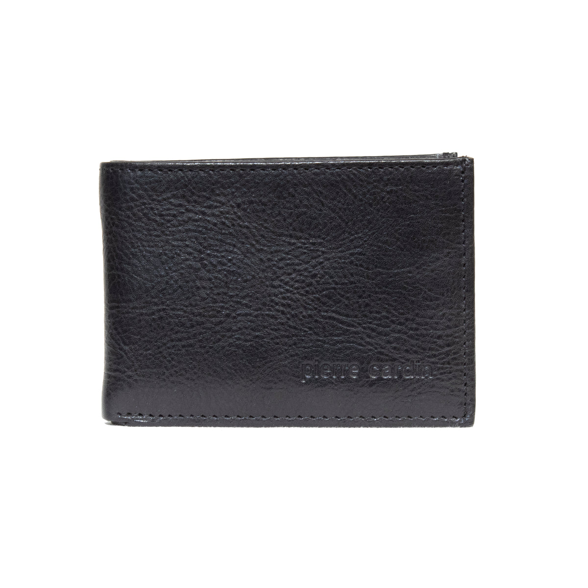 A Pierre Cardin Wallet in black leather, featuring the name "pierre cardin" embossed in small letters at the bottom right corner. This Genuine Italian Leather wallet boasts a textured surface and is showcased closed against a plain white background.