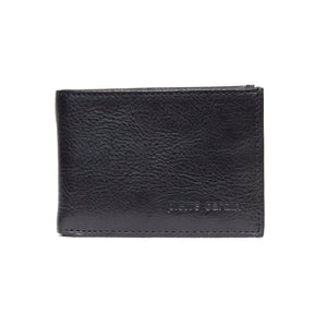 A Pierre Cardin Wallet in black leather, featuring the name "pierre cardin" embossed in small letters at the bottom right corner. This Genuine Italian Leather wallet boasts a textured surface and is showcased closed against a plain white background.