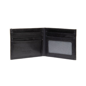 The Pierre Cardin Wallet, crafted from Genuine Italian Leather in a sleek black finish, opens to reveal multiple card slots on the left side and a transparent ID slot on the right. "Genuine leather" is elegantly embossed near the bottom left corner. This slim wallet offers RFID protection and is displayed empty against a white background.